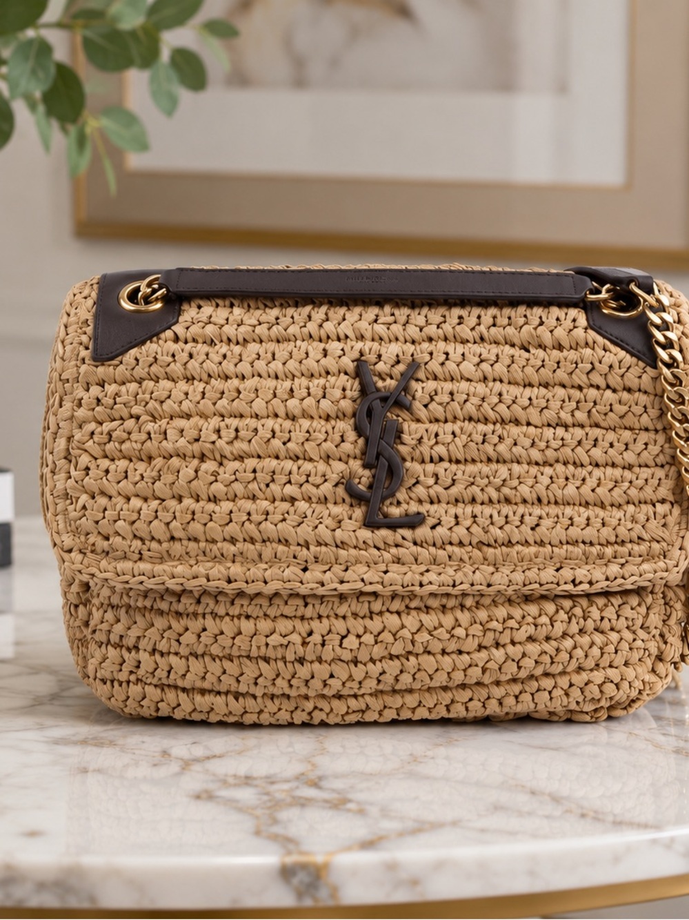 Saint Laurent Tan Woven Shoulder Bag with Dark Brown Trim and Gold Chain